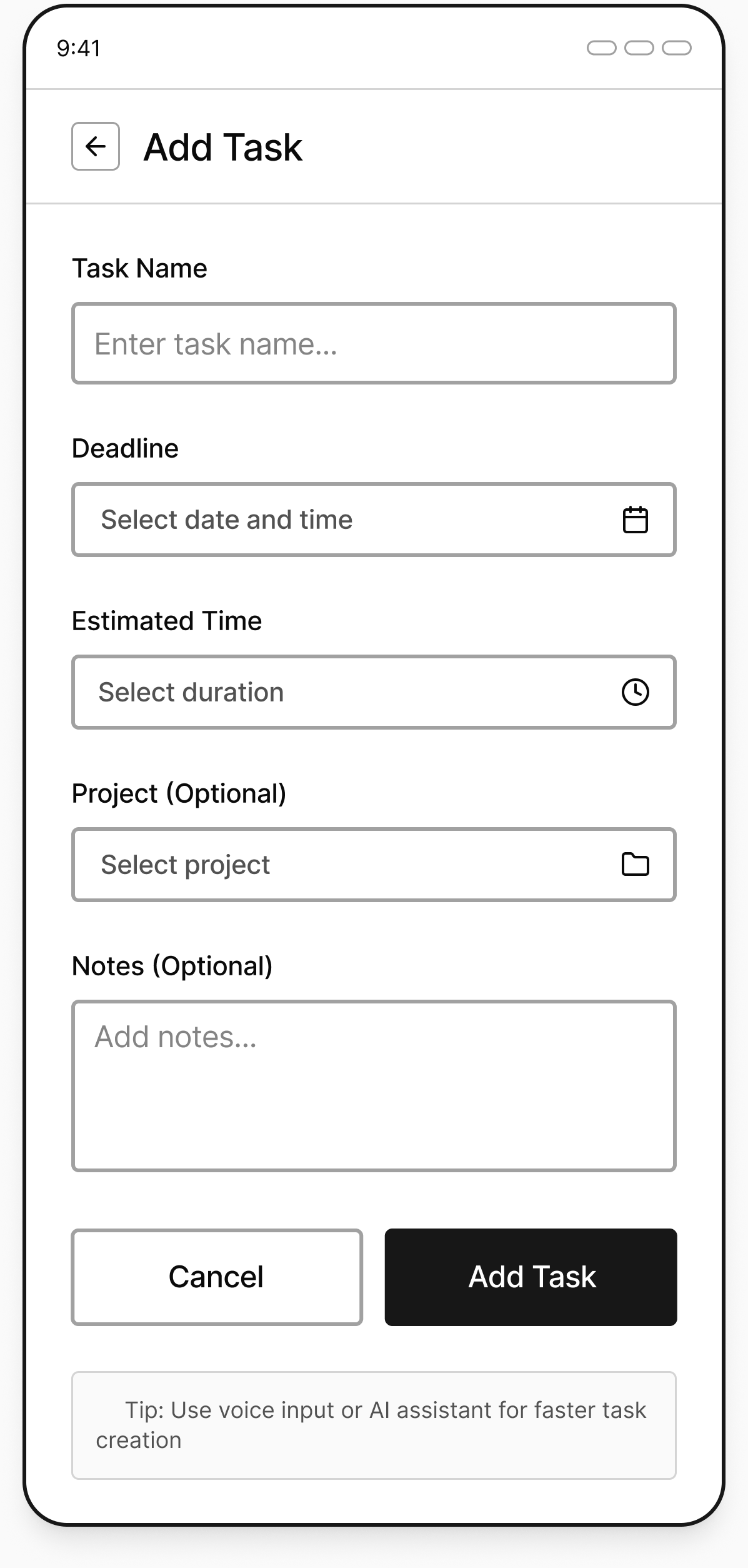 Task entry low-fidelity wireframe