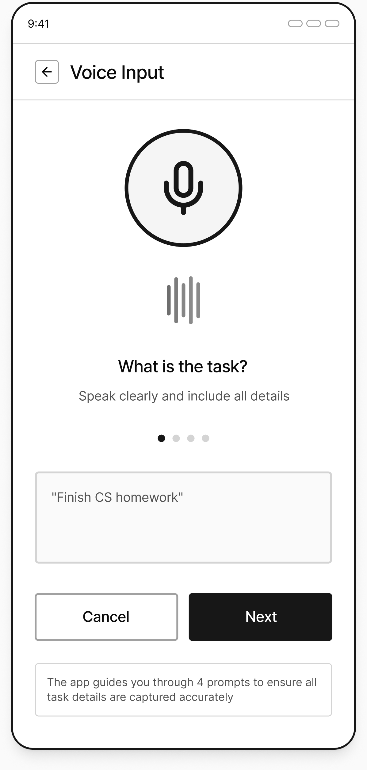 Voice confirmation low-fidelity wireframe