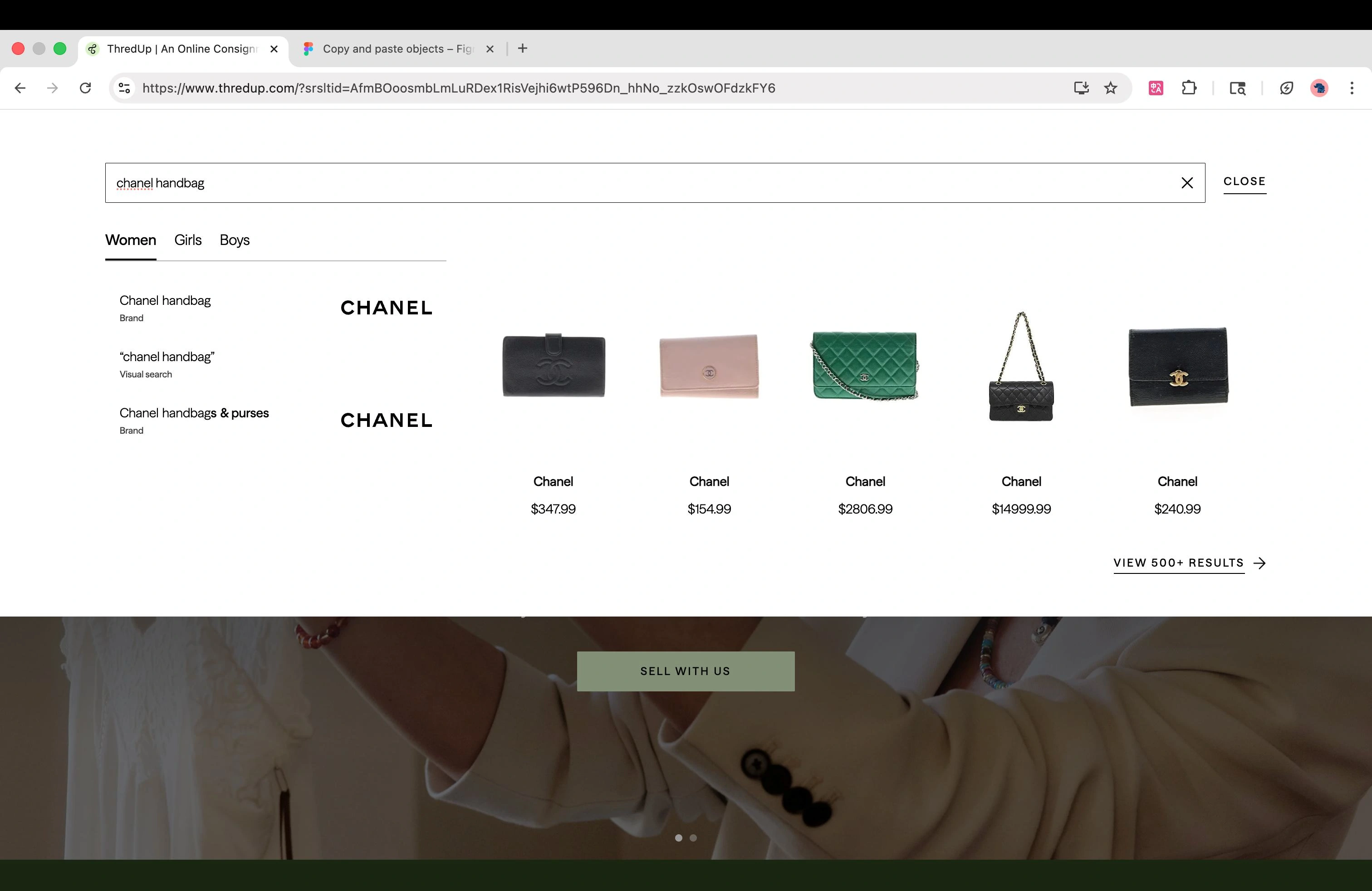 thredUP keyword search with Women, Girls and Boys category tabs above product suggestions