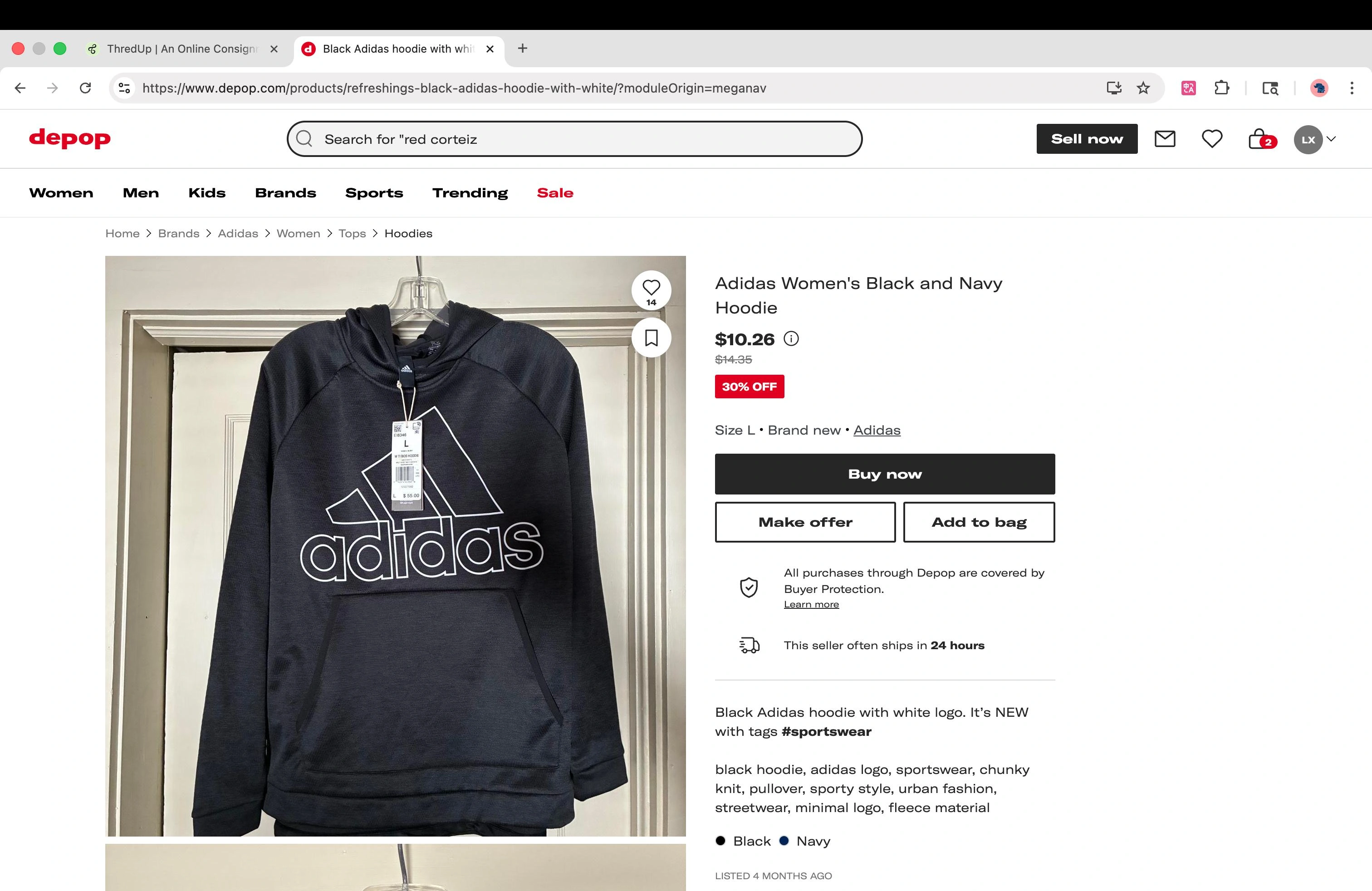 Depop product page showing a seller photo and a short description of the hoodie