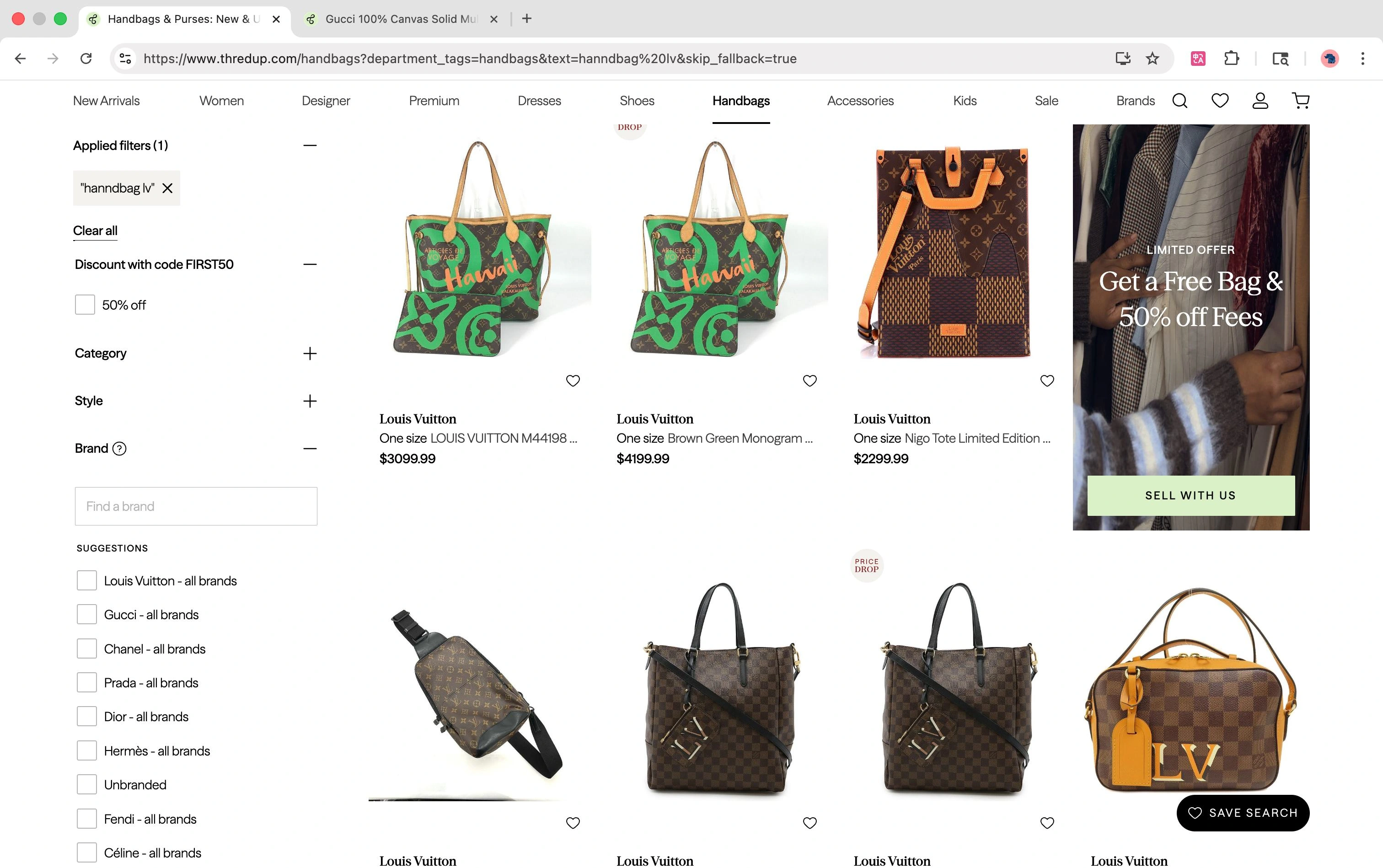 thredUP results for handbag lv: the query appears as text while Louis Vuitton remains unchecked in the Brand filter