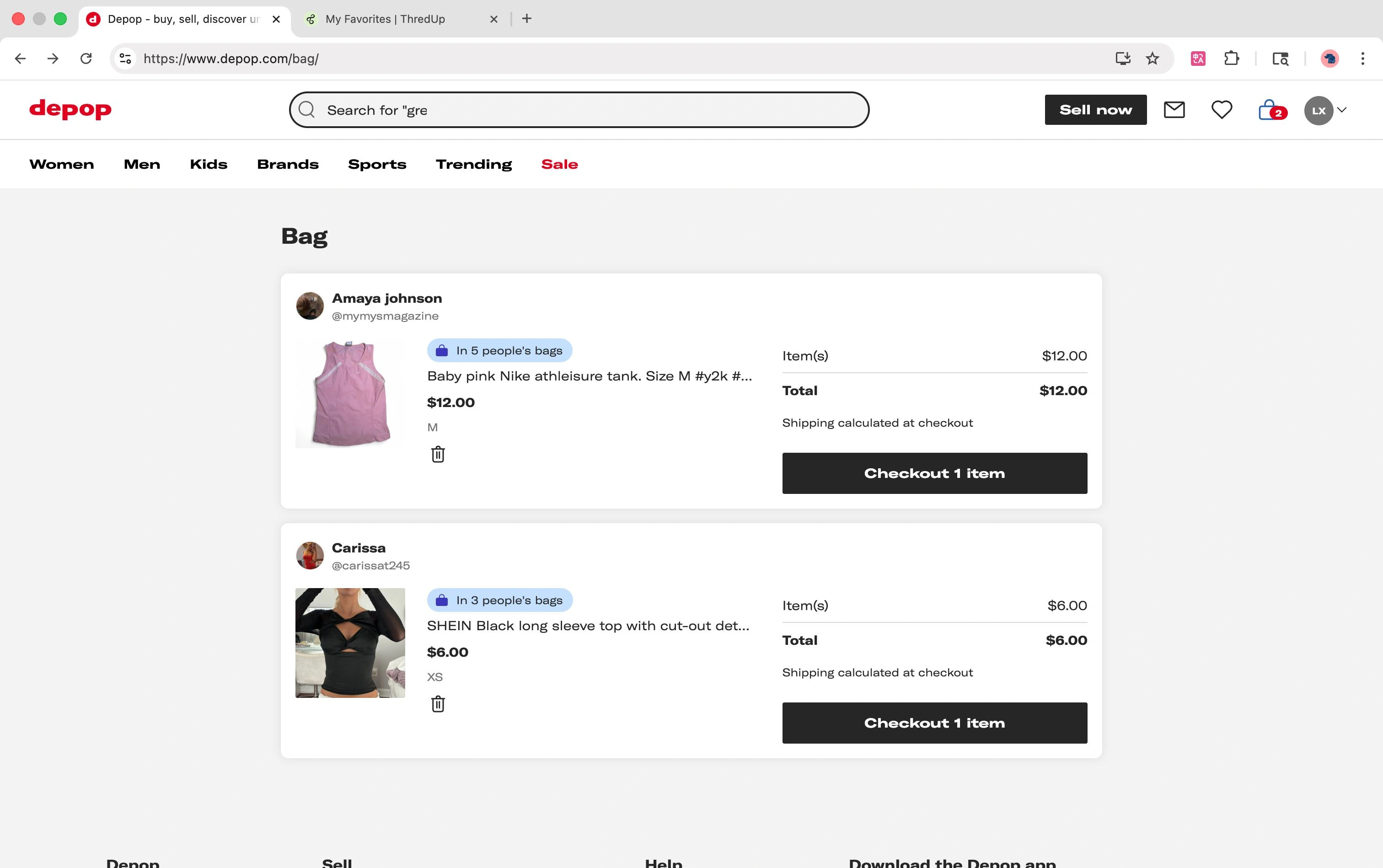 Depop shopping bag: shipping is calculated at checkout, below the displayed total