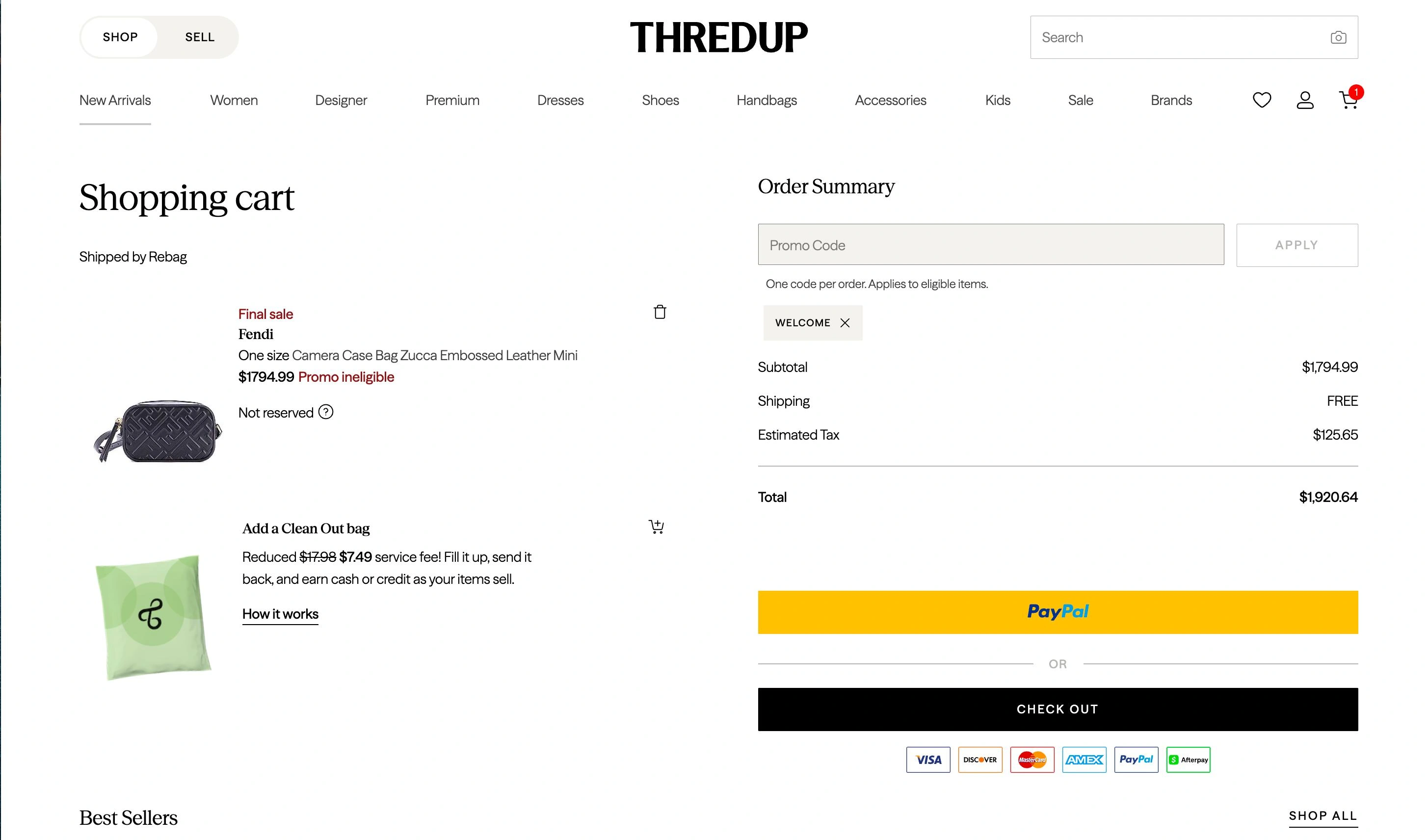 thredUP cart: the optional Clean Out bag uses the same item layout as the handbag above it